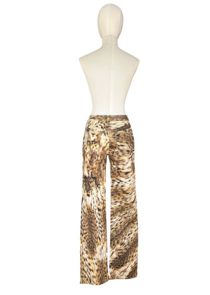 Roberto Cavalli 2000s Leopard Print Bootcut Jeans- Archive Animal Print Pants with Gold Charm