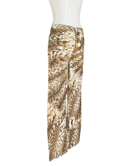 Roberto Cavalli 2000s Leopard Print Bootcut Jeans- Archive Animal Print Pants with Gold Charm