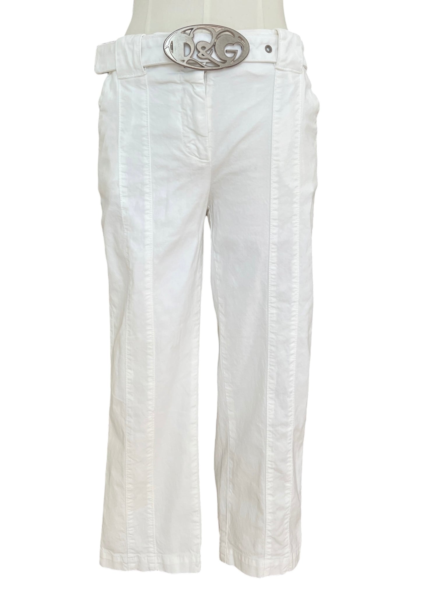 Vintage Dolce & Gabbana White Capri Pants | Y2K D&G Belted Cotton Trousers | Low Rise Designer Archive Italy