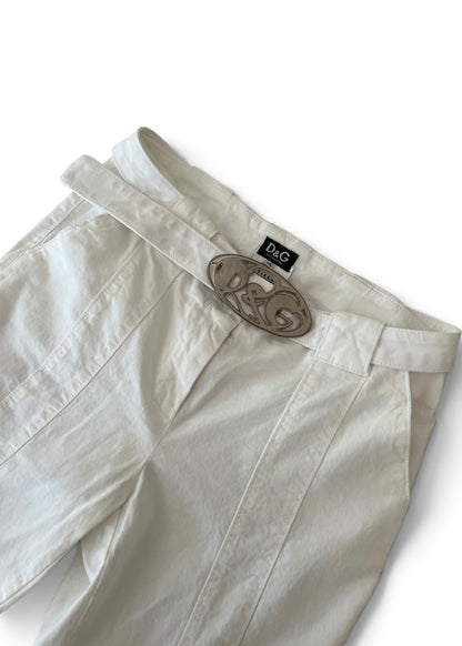 Vintage Dolce & Gabbana White Capri Pants | Y2K D&G Belted Cotton Trousers | Low Rise Designer Archive Italy