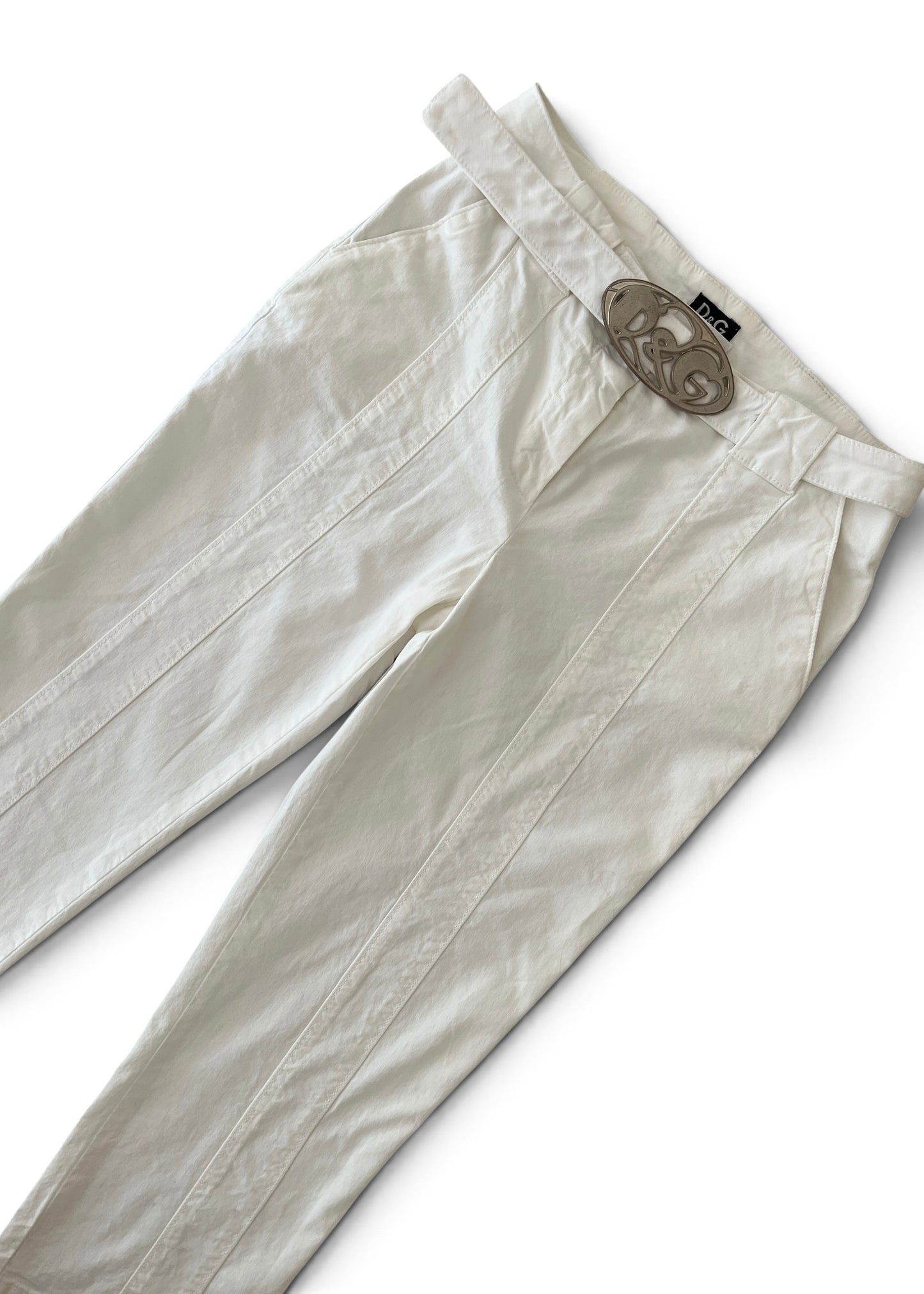 Vintage Dolce & Gabbana White Capri Pants | Y2K D&G Belted Cotton Trousers | Low Rise Designer Archive Italy