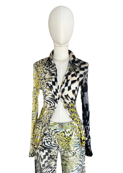 Roberto Cavalli FW2003 Psychedelic Print Set | Vintage Archive Shirt & Pants | Lime Abstract Co-Ord