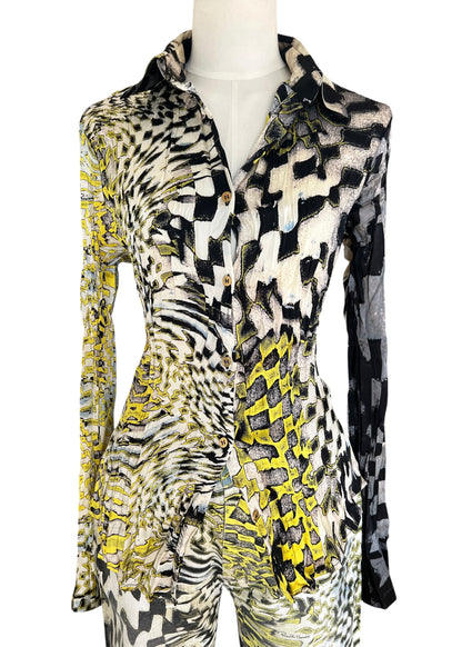 Roberto Cavalli FW2003 Psychedelic Print Set | Vintage Archive Shirt & Pants | Lime Abstract Co-Ord