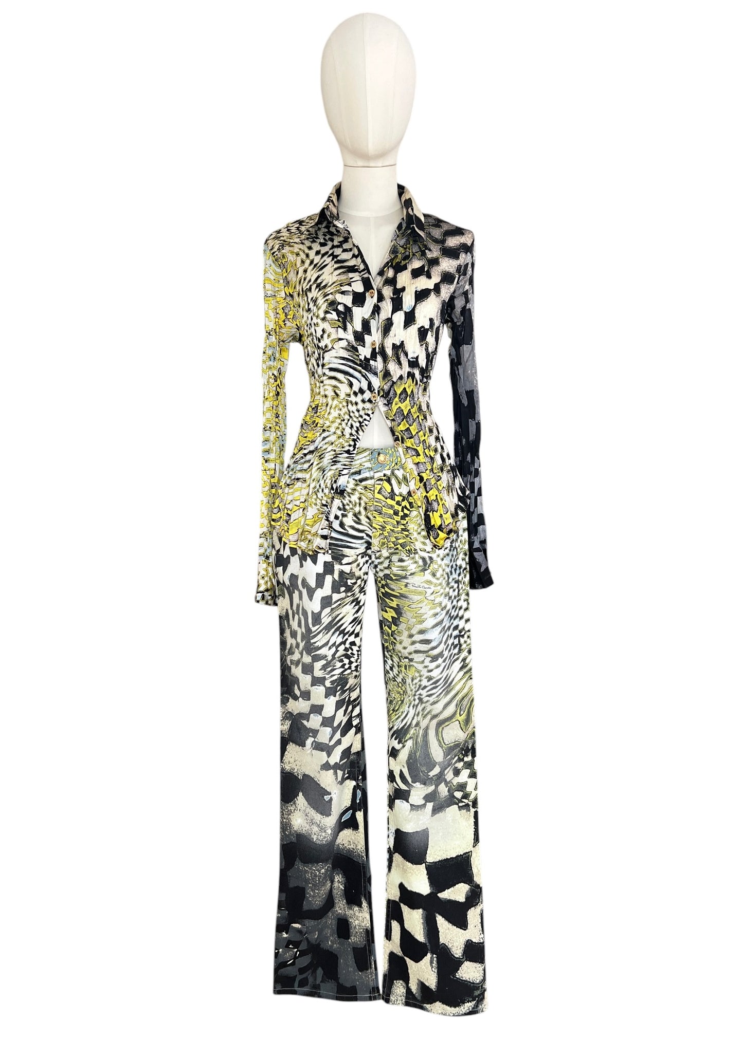 Roberto Cavalli FW2003 Psychedelic Print Set | Vintage Archive Shirt & Pants | Lime Abstract Co-Ord