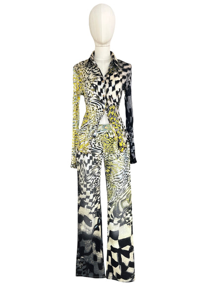 Roberto Cavalli FW2003 Psychedelic Print Set | Vintage Archive Shirt & Pants | Lime Abstract Co-Ord