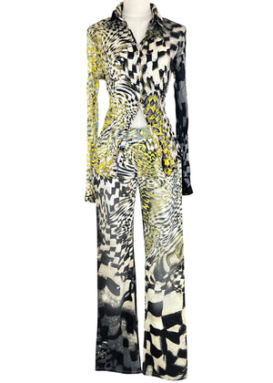 Roberto Cavalli FW2003 Psychedelic Print Set | Vintage Archive Shirt & Pants | Lime Abstract Co-Ord