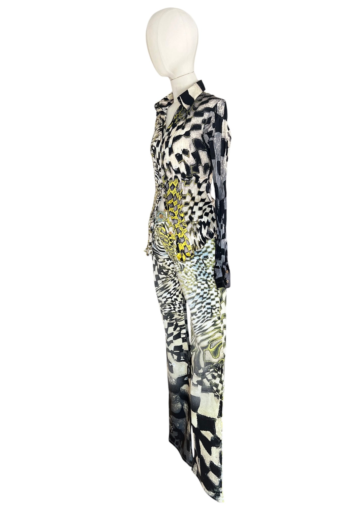 Roberto Cavalli FW2003 Psychedelic Print Set | Vintage Archive Shirt & Pants | Lime Abstract Co-Ord