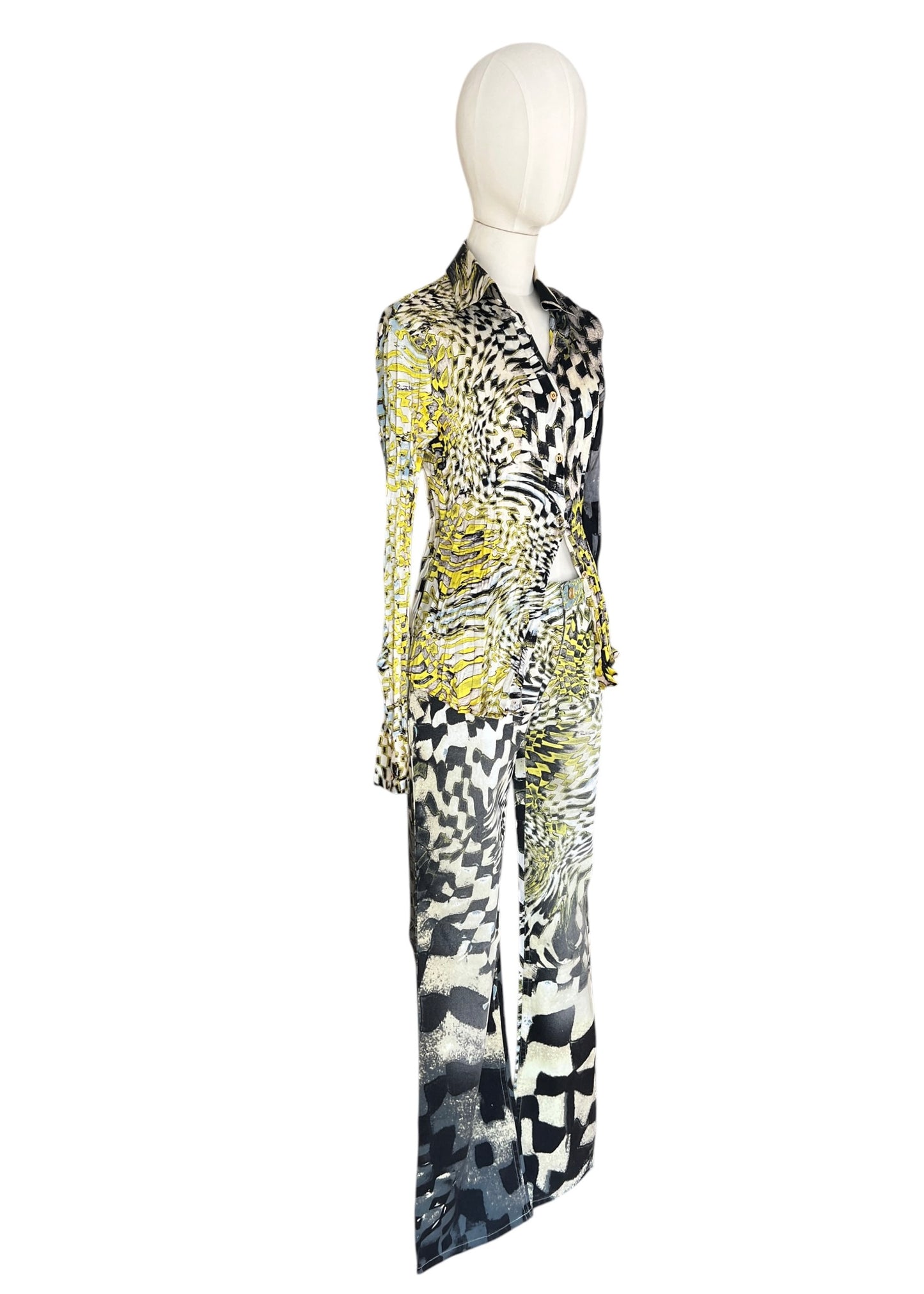 Roberto Cavalli FW2003 Psychedelic Print Set | Vintage Archive Shirt & Pants | Lime Abstract Co-Ord