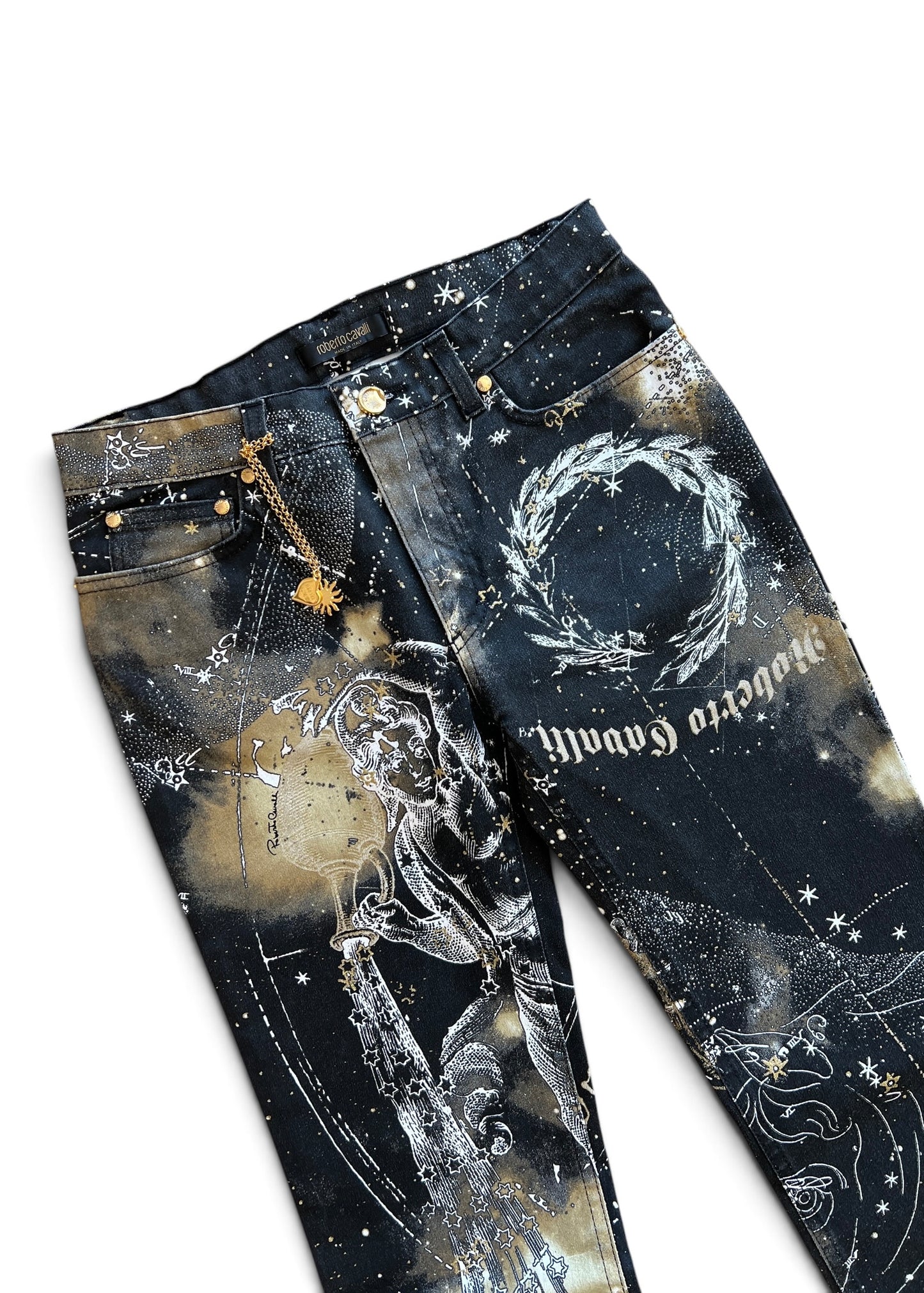 Roberto CavalliFW2003 Astrology Constellation Print Jeans | Vintage Y2K Pants with Gold Charms | Archive Designer Denim
