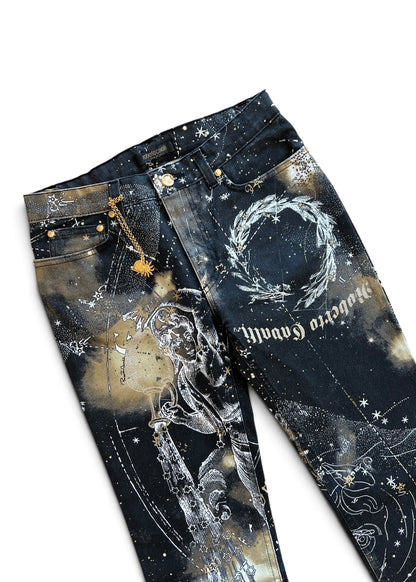 Roberto CavalliFW2003 Astrology Constellation Print Jeans | Vintage Y2K Pants with Gold Charms | Archive Designer Denim