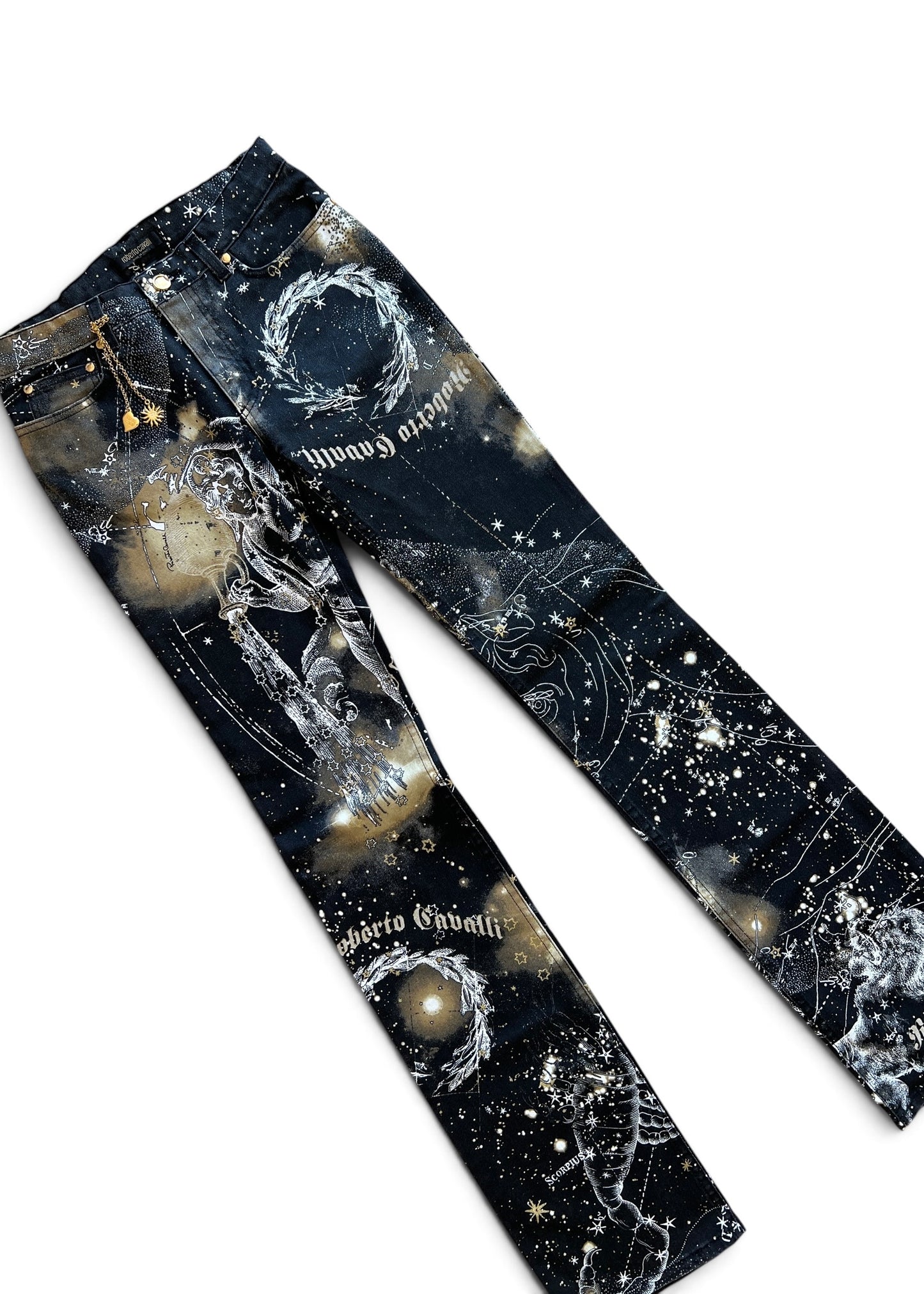 Roberto CavalliFW2003 Astrology Constellation Print Jeans | Vintage Y2K Pants with Gold Charms | Archive Designer Denim