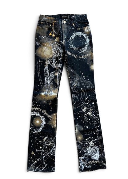 Roberto CavalliFW2003 Astrology Constellation Print Jeans | Vintage Y2K Pants with Gold Charms | Archive Designer Denim