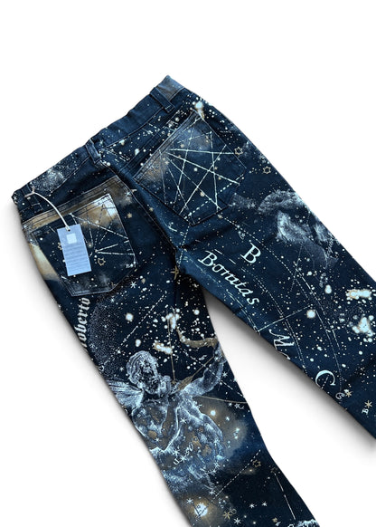 Roberto CavalliFW2003 Astrology Constellation Print Jeans | Vintage Y2K Pants with Gold Charms | Archive Designer Denim