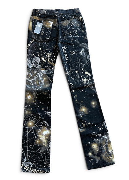 Roberto CavalliFW2003 Astrology Constellation Print Jeans | Vintage Y2K Pants with Gold Charms | Archive Designer Denim