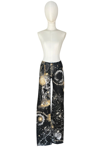 Roberto CavalliFW2003 Astrology Constellation Print Jeans | Vintage Y2K Pants with Gold Charms | Archive Designer Denim