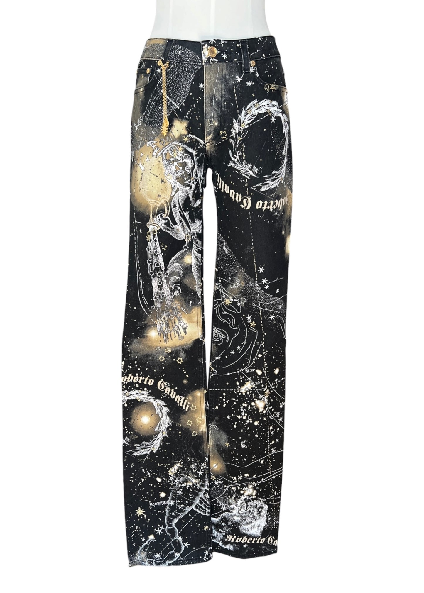 Roberto CavalliFW2003 Astrology Constellation Print Jeans | Vintage Y2K Pants with Gold Charms | Archive Designer Denim