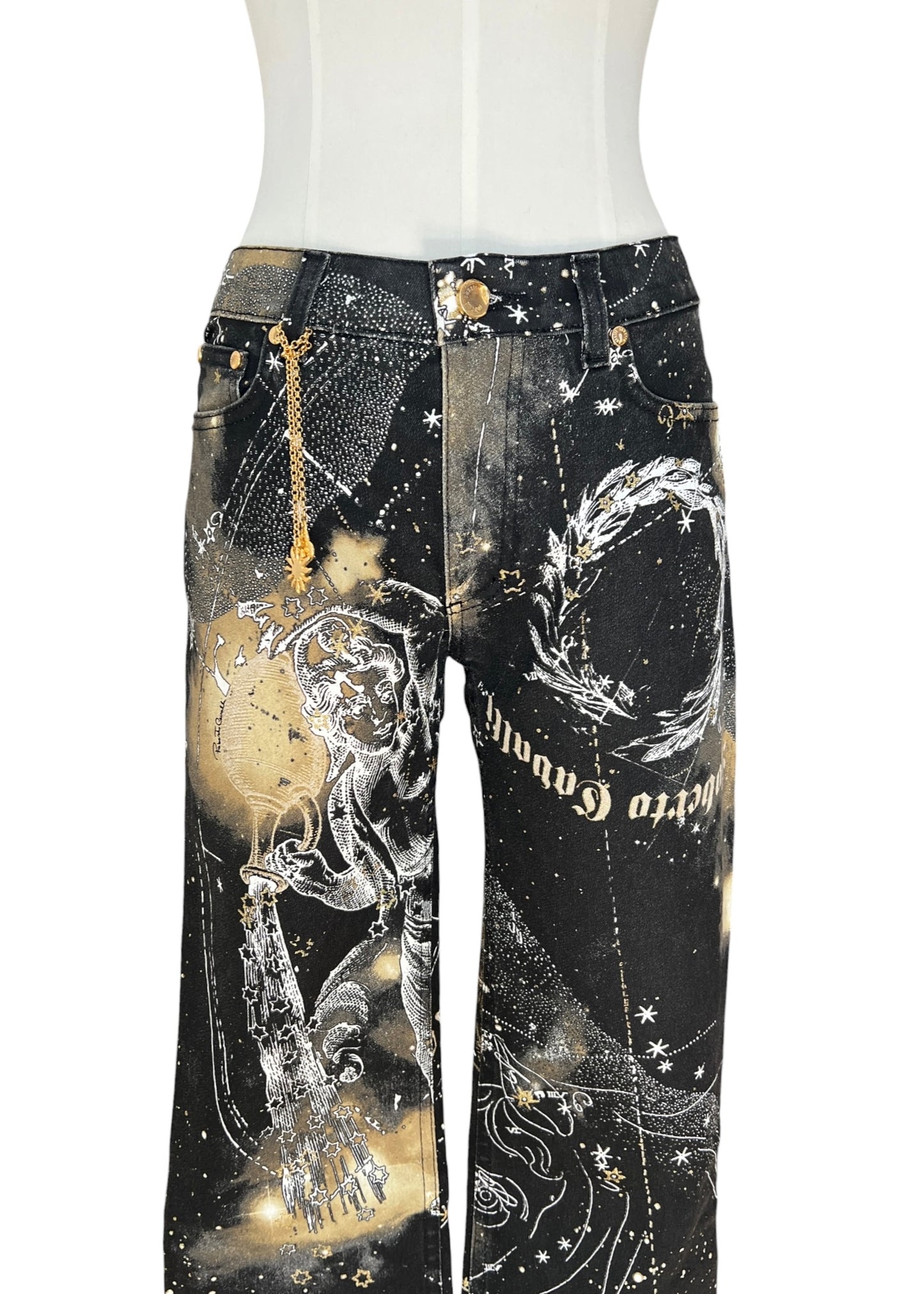 Roberto CavalliFW2003 Astrology Constellation Print Jeans | Vintage Y2K Pants with Gold Charms | Archive Designer Denim