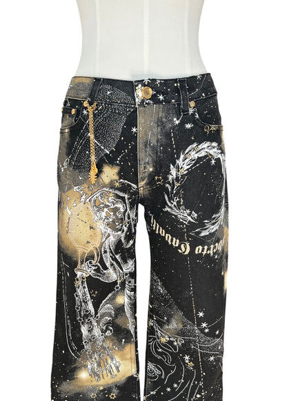 Roberto CavalliFW2003 Astrology Constellation Print Jeans | Vintage Y2K Pants with Gold Charms | Archive Designer Denim