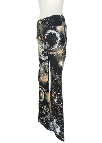 Roberto CavalliFW2003 Astrology Constellation Print Jeans | Vintage Y2K Pants with Gold Charms | Archive Designer Denim