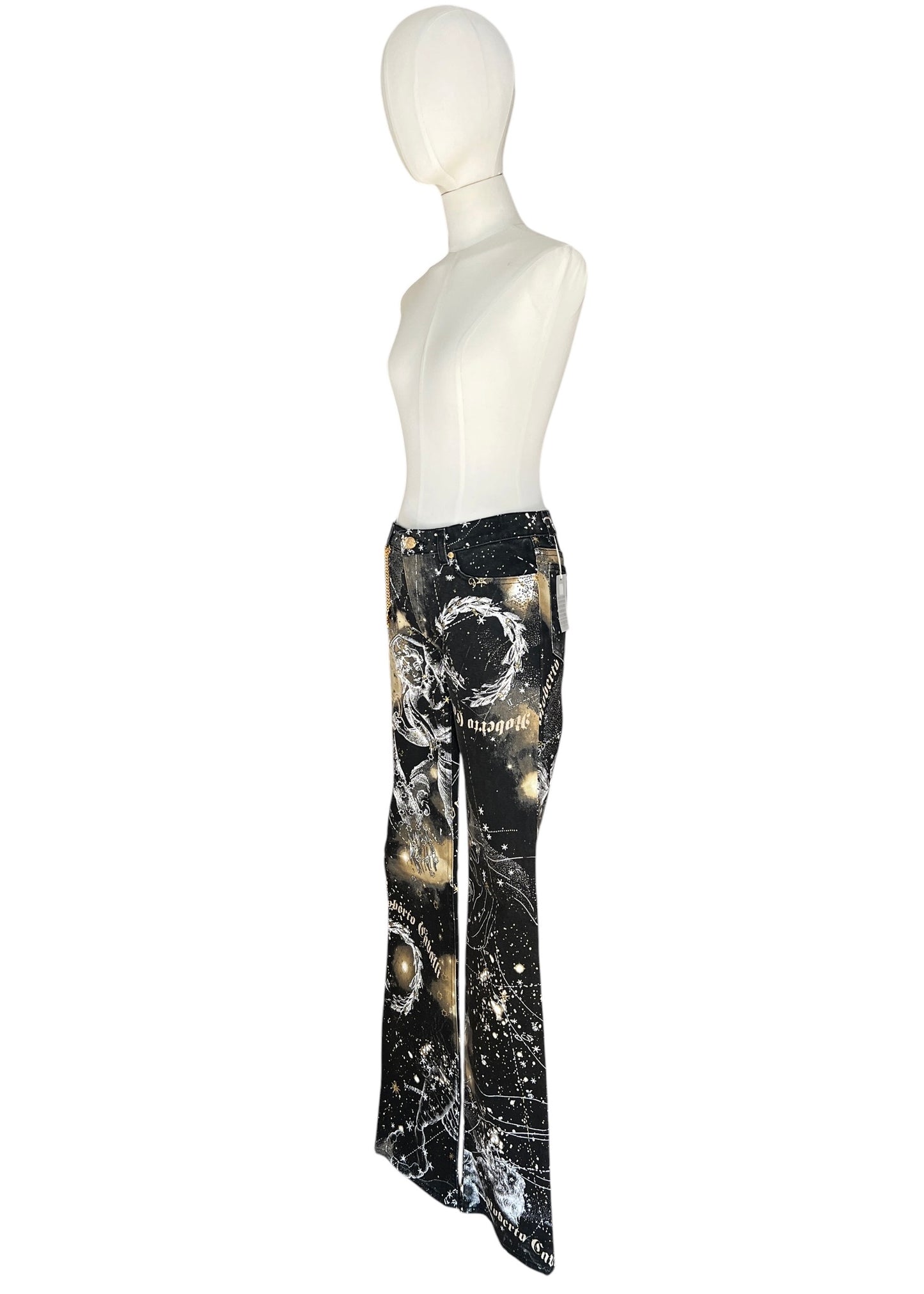 Roberto CavalliFW2003 Astrology Constellation Print Jeans | Vintage Y2K Pants with Gold Charms | Archive Designer Denim