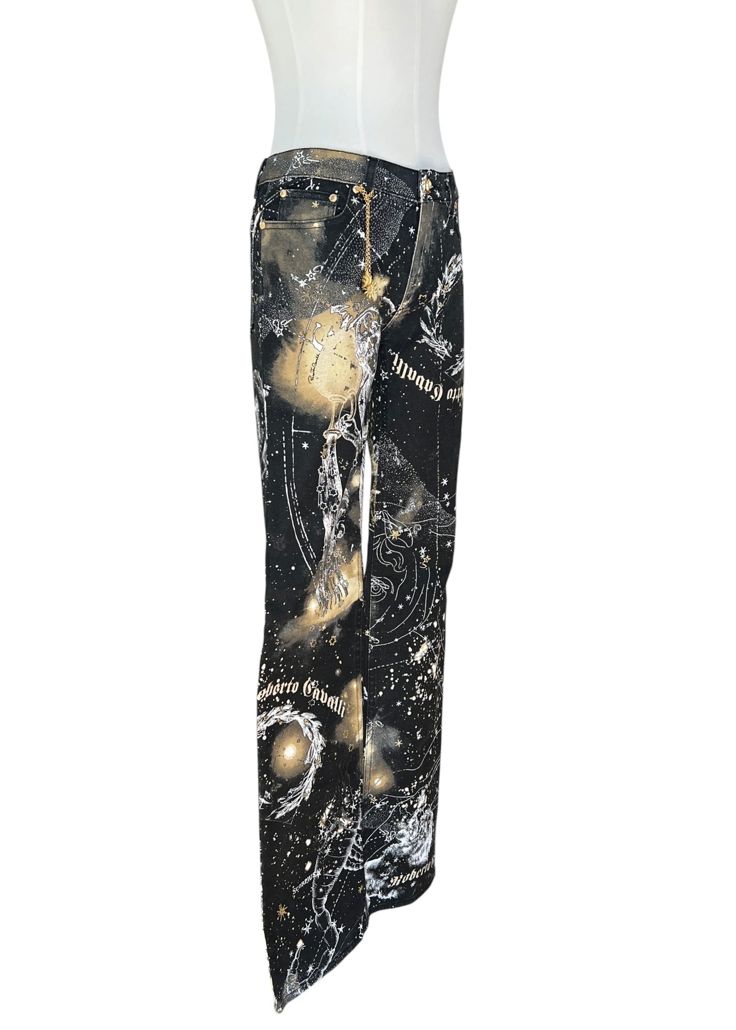 Roberto CavalliFW2003 Astrology Constellation Print Jeans | Vintage Y2K Pants with Gold Charms | Archive Designer Denim