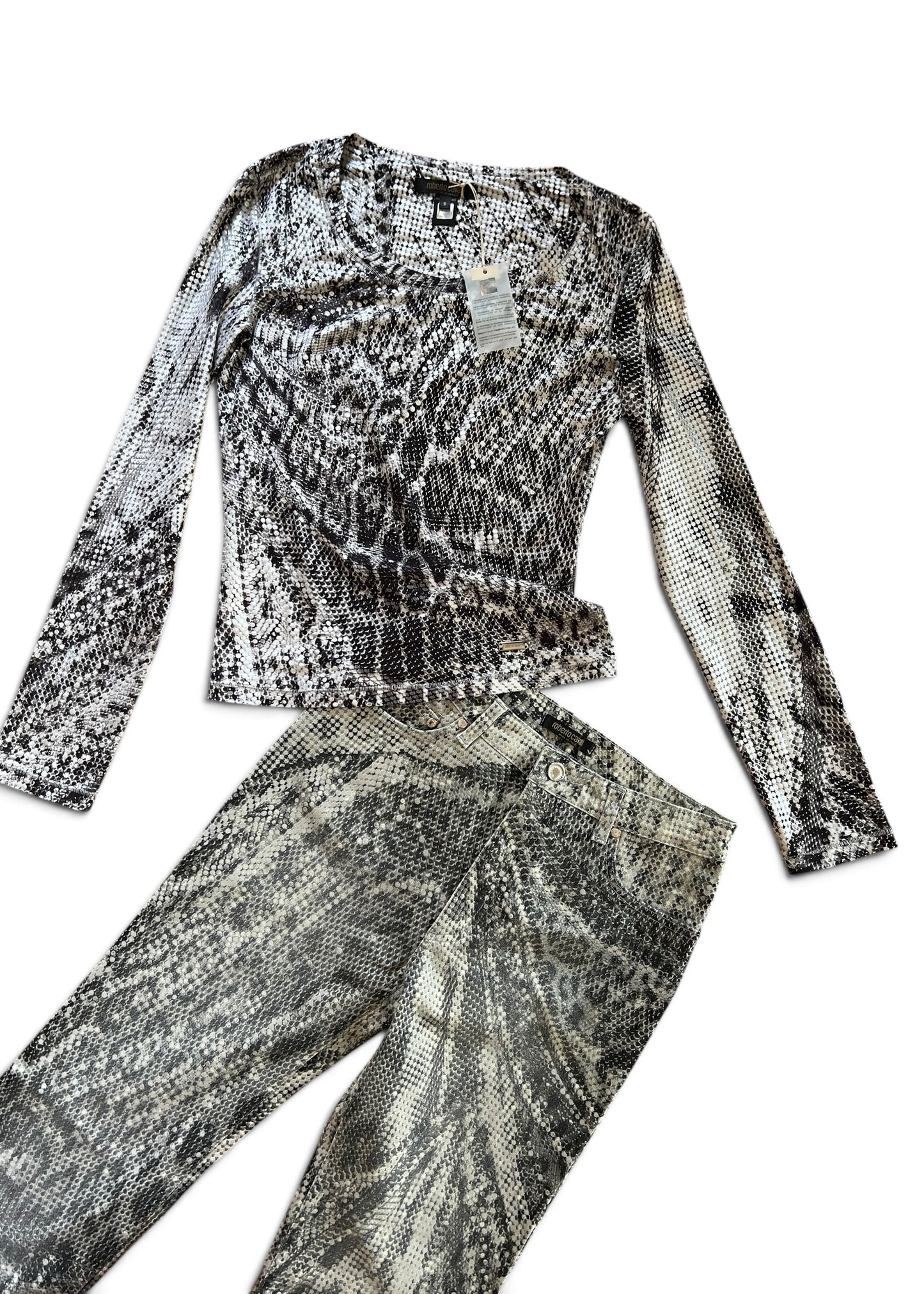 Roberto Cavalli Python Print Set | Vintage Y2K Snake Co-Ord | Archive 2000s Matching Top & Pants