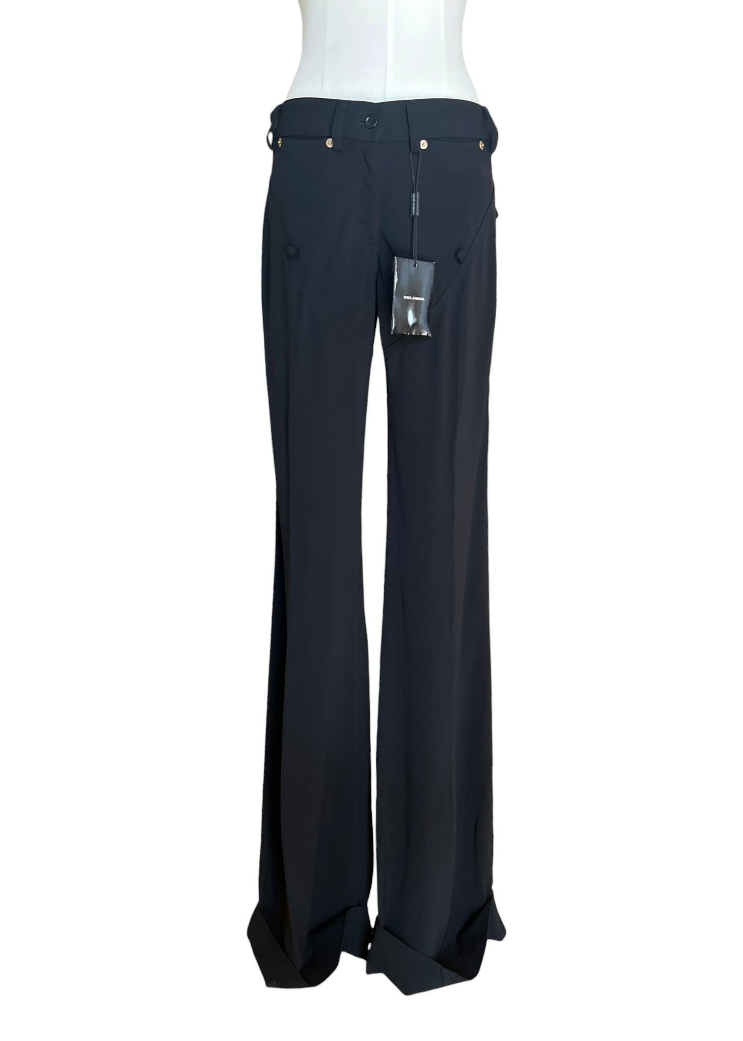 Dolce & Gabbana Early 2000s Jersey Trousers – Black Wide Leg with Gold Buckle