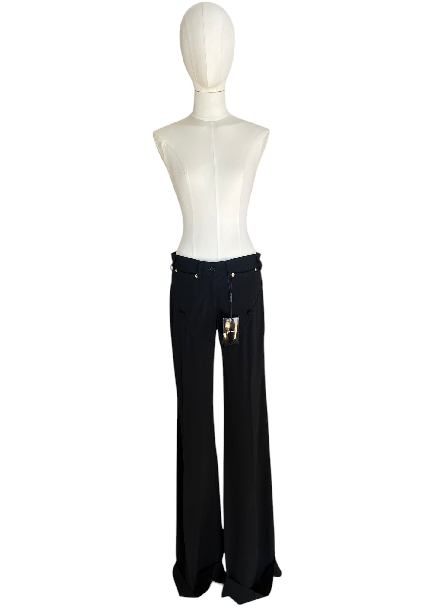 Dolce & Gabbana Early 2000s Jersey Trousers – Black Wide Leg with Gold Buckle