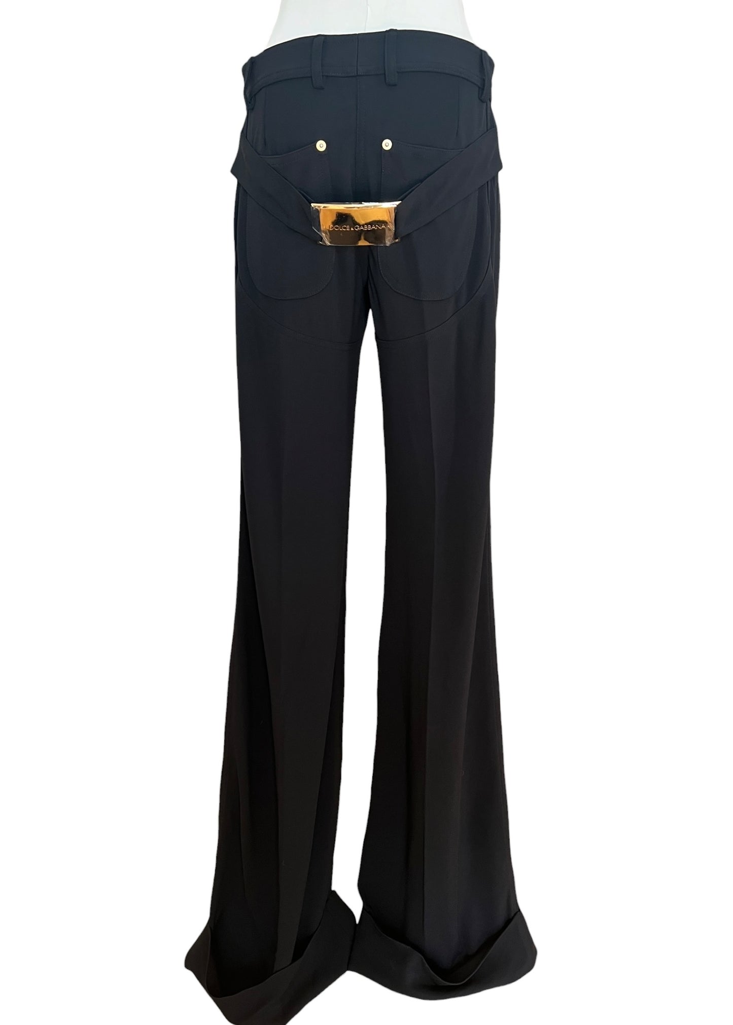 Dolce & Gabbana Early 2000s Jersey Trousers – Black Wide Leg with Gold Buckle