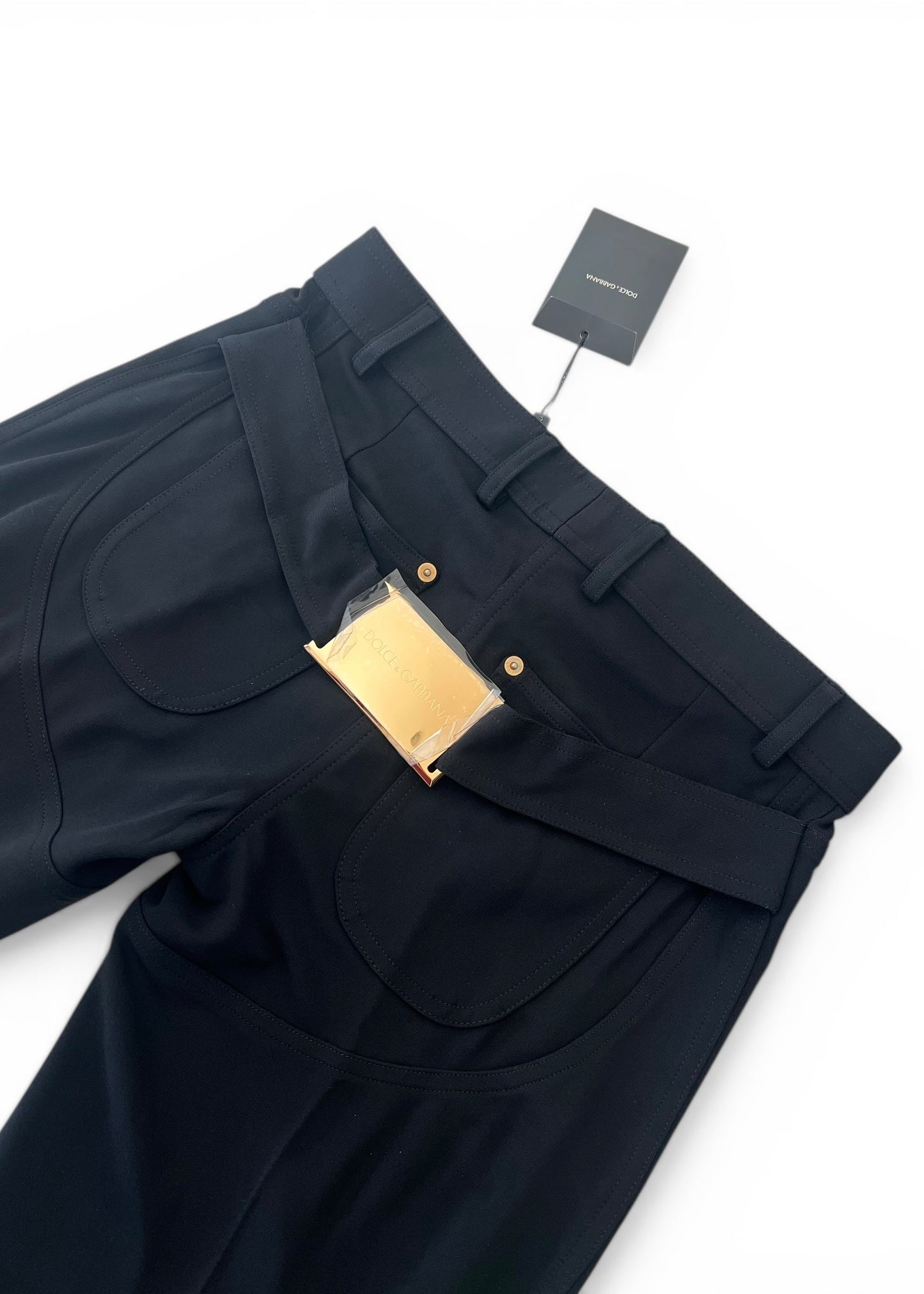 Dolce & Gabbana Early 2000s Jersey Trousers – Black Wide Leg with Gold Buckle