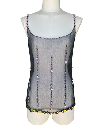 Prada FW1997 Black Tulle Top with Lilac and Onyx-Yellow Crystals