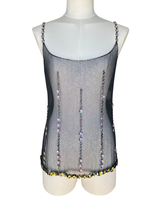 Prada FW1997 Black Tulle Top with Lilac and Onyx-Yellow Crystals
