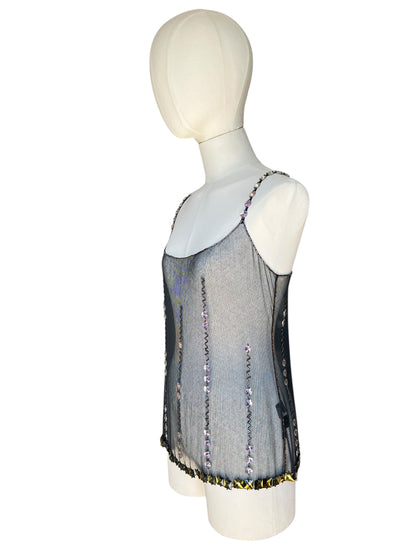 Prada FW1997 Black Tulle Top with Lilac and Onyx-Yellow Crystals