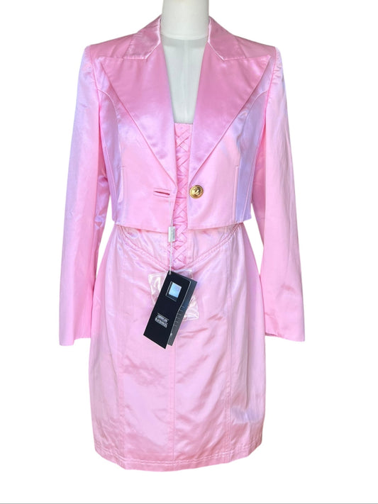 Vintage 1990s Versus by Gianni Versace Pink Satin Mini Dress and Cropped Jacket Set