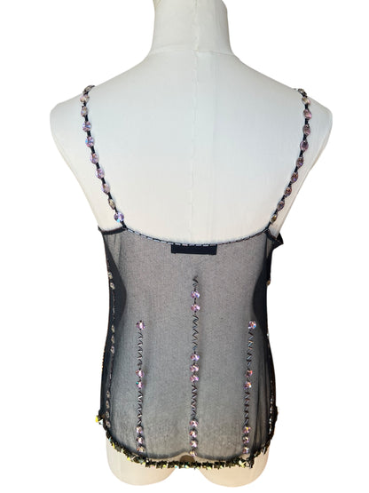 Prada FW1997 Black Tulle Top with Lilac and Onyx-Yellow Crystals