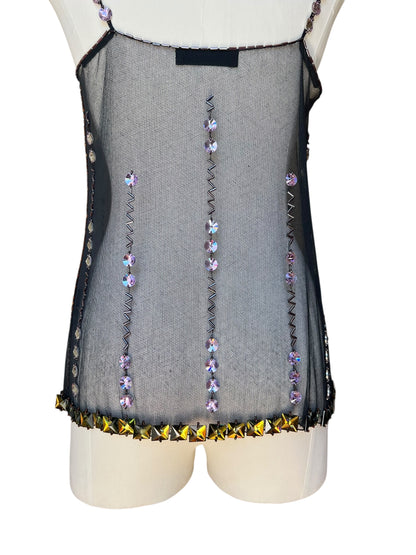 Prada FW1997 Black Tulle Top with Lilac and Onyx-Yellow Crystals