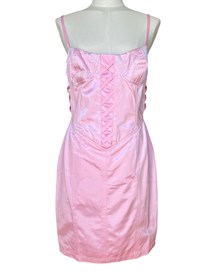 Vintage 1990s Versus by Gianni Versace Pink Satin Mini Dress and Cropped Jacket Set