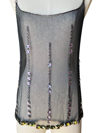 Prada FW1997 Black Tulle Top with Lilac and Onyx-Yellow Crystals