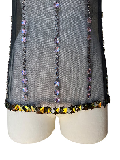 Prada FW1997 Black Tulle Top with Lilac and Onyx-Yellow Crystals