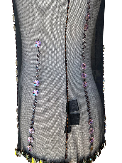 Prada FW1997 Black Tulle Top with Lilac and Onyx-Yellow Crystals
