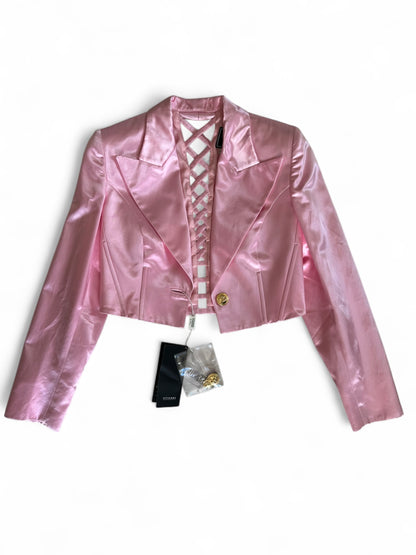 Vintage 1990s Versus by Gianni Versace Pink Satin Mini Dress and Cropped Jacket Set