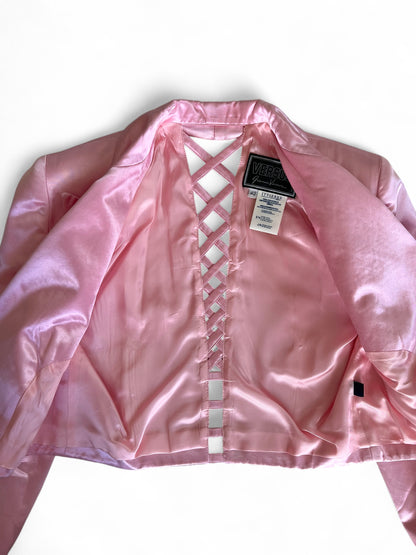 Vintage 1990s Versus by Gianni Versace Pink Satin Mini Dress and Cropped Jacket Set