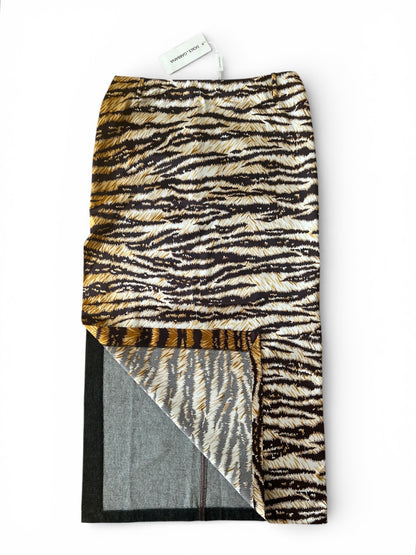 Dolce & Gabbana Vintage Tiger Print & Denim Maxi Skirt – Y2K Patchwork Animal Print Skirt – Made in Italy