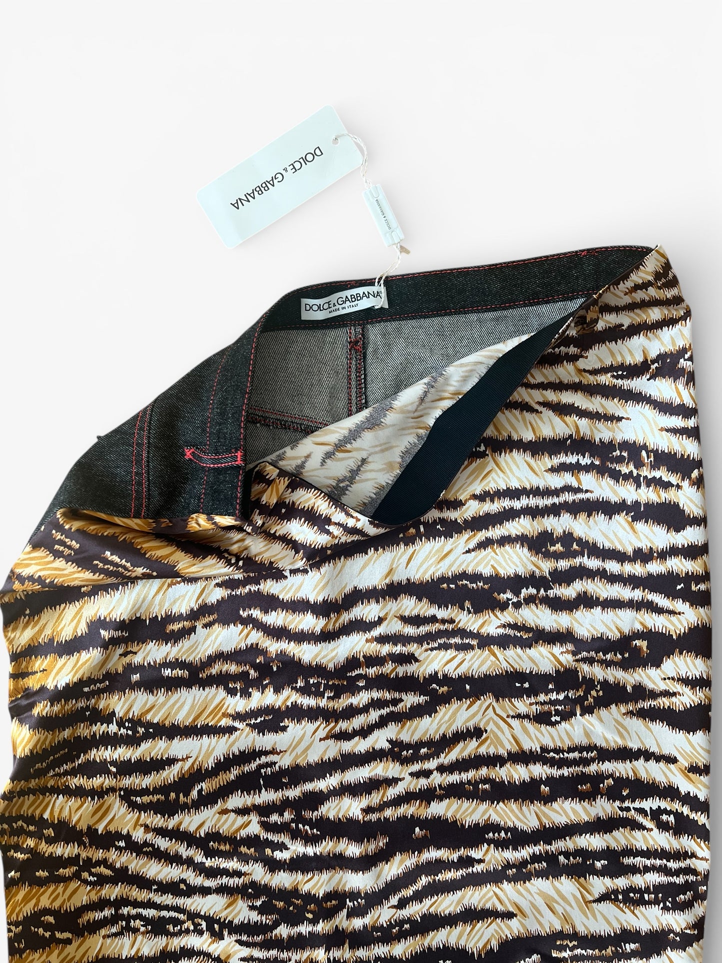 Dolce & Gabbana Vintage Tiger Print & Denim Maxi Skirt – Y2K Patchwork Animal Print Skirt – Made in Italy