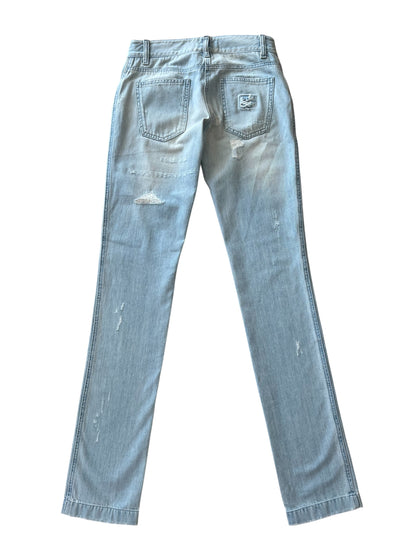 Dolce & Gabbana Vintage Crystal Embellished Jeans – Light Wash Distressed Denim with Gold & Crystal Studs – Made in Italy