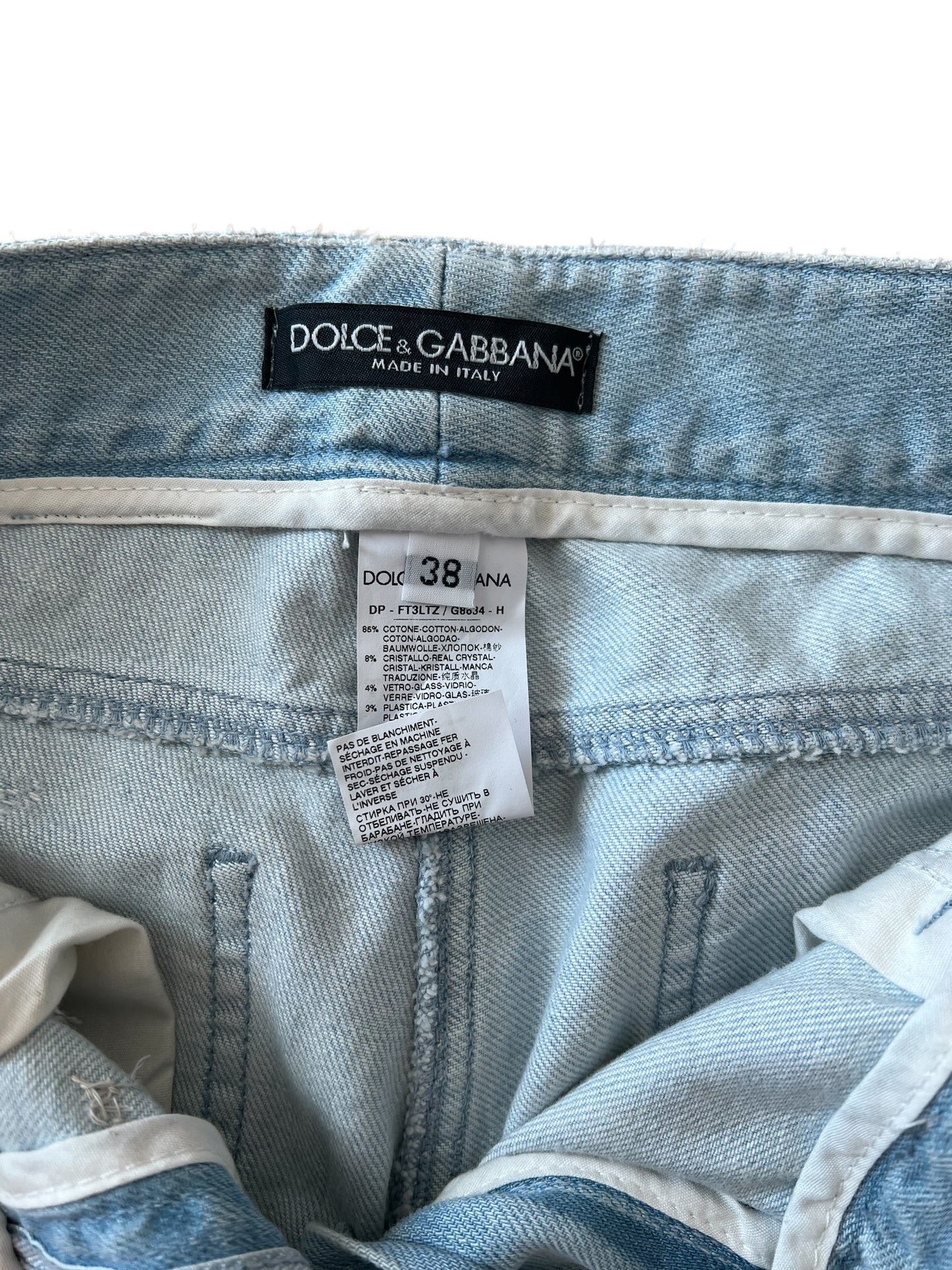 Dolce & Gabbana Vintage Crystal Embellished Jeans – Light Wash Distressed Denim with Gold & Crystal Studs – Made in Italy