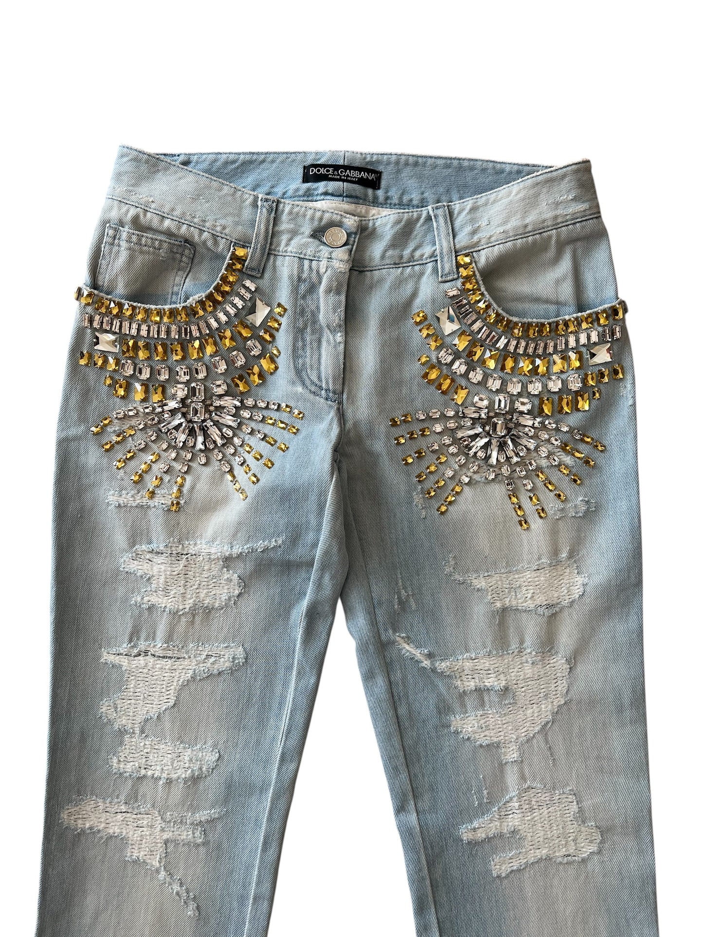 Dolce & Gabbana Vintage Crystal Embellished Jeans – Light Wash Distressed Denim with Gold & Crystal Studs – Made in Italy