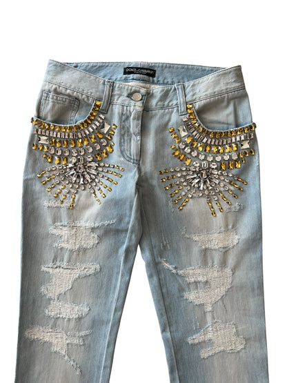 Dolce & Gabbana Vintage Crystal Embellished Jeans – Light Wash Distressed Denim with Gold & Crystal Studs – Made in Italy