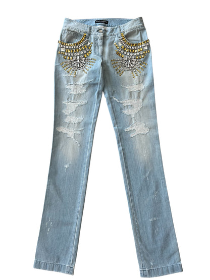 Dolce & Gabbana Vintage Crystal Embellished Jeans – Light Wash Distressed Denim with Gold & Crystal Studs – Made in Italy