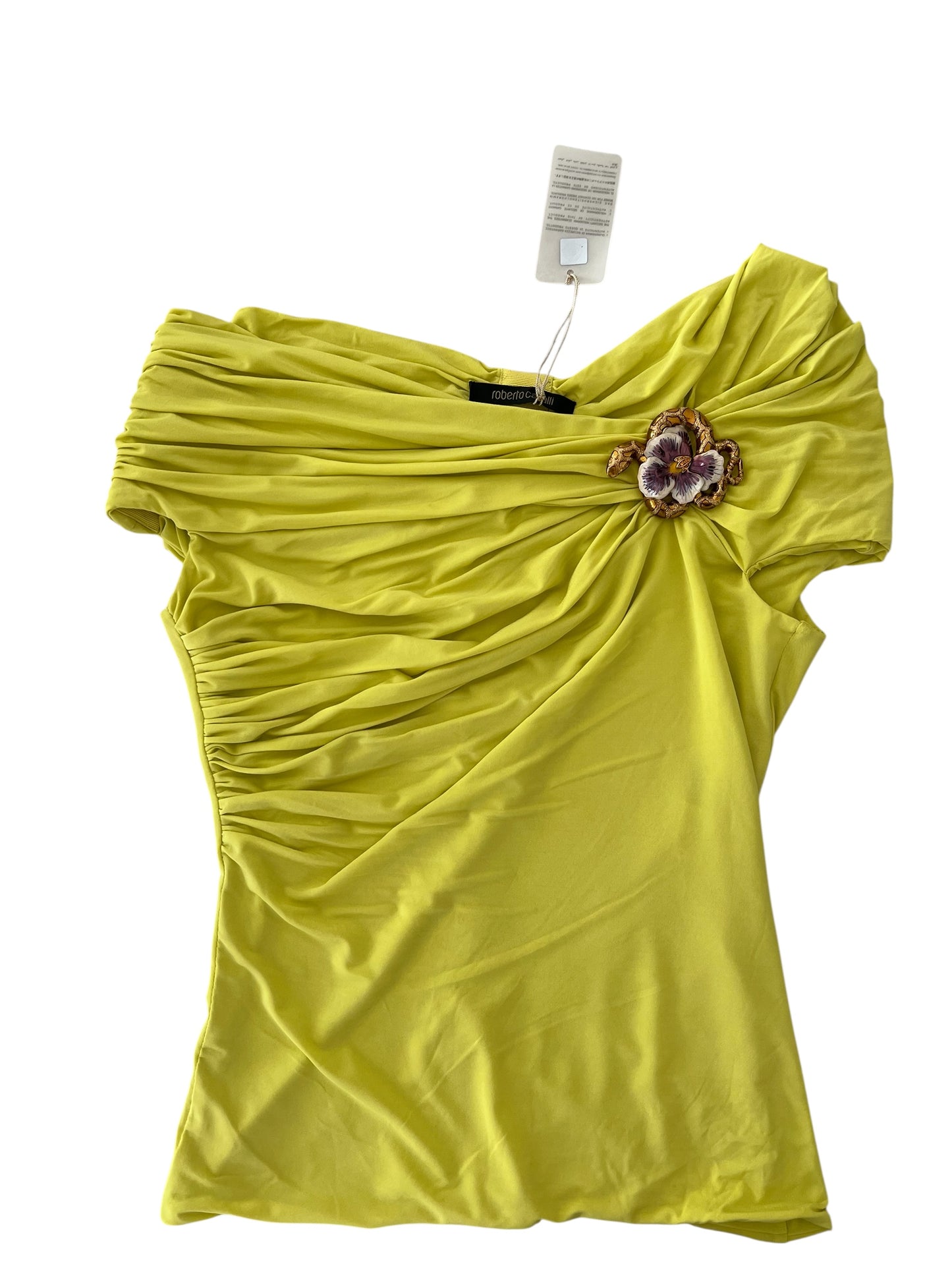 Roberto Cavalli Vintage Draped Top with Snake & Flower Brooch – Lime Green Off-Shoulder